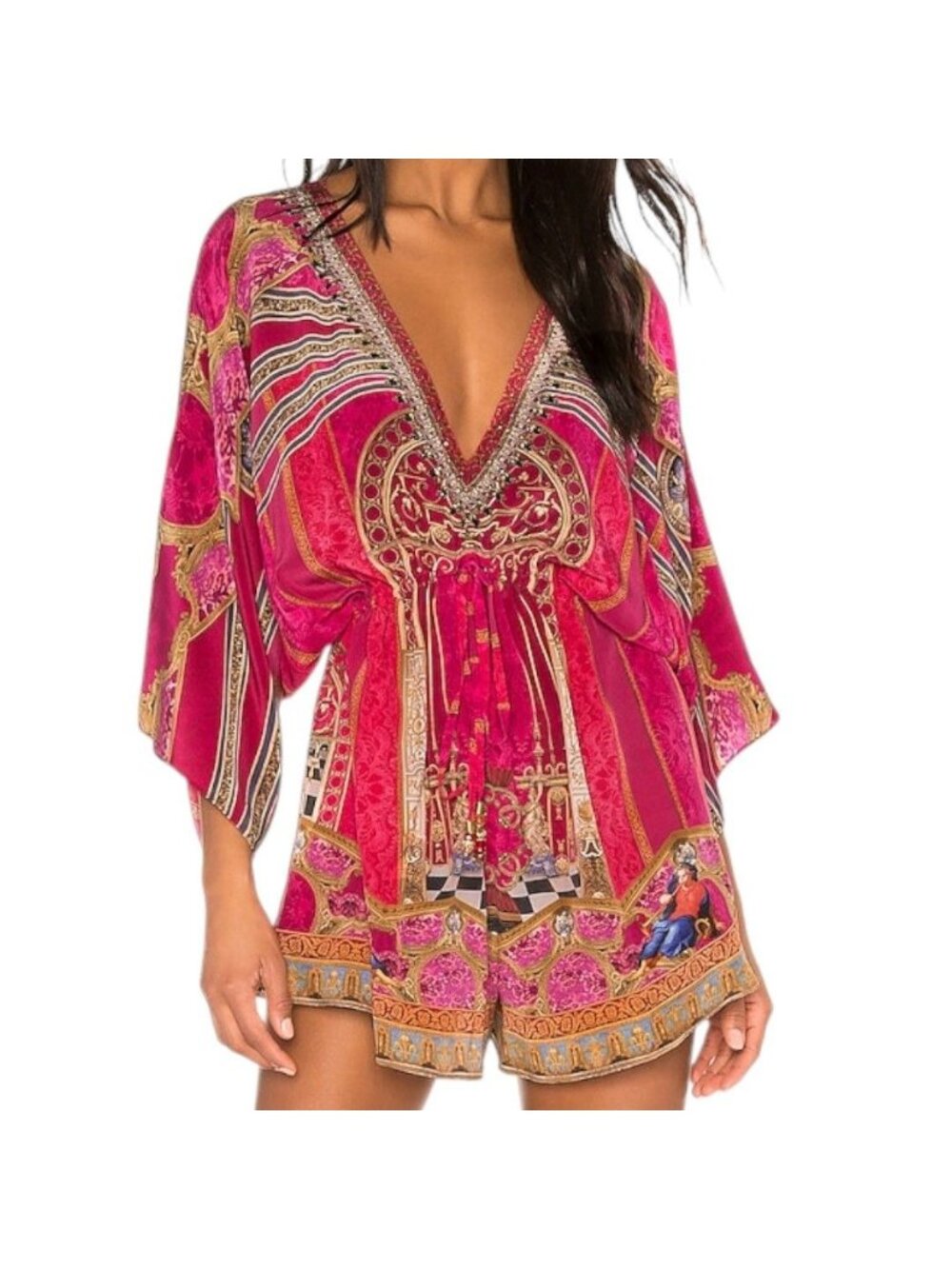 CAMILLA Lounge Hour Silk Romper Playsuit Crystal V Neck Square Sleeve Sz S